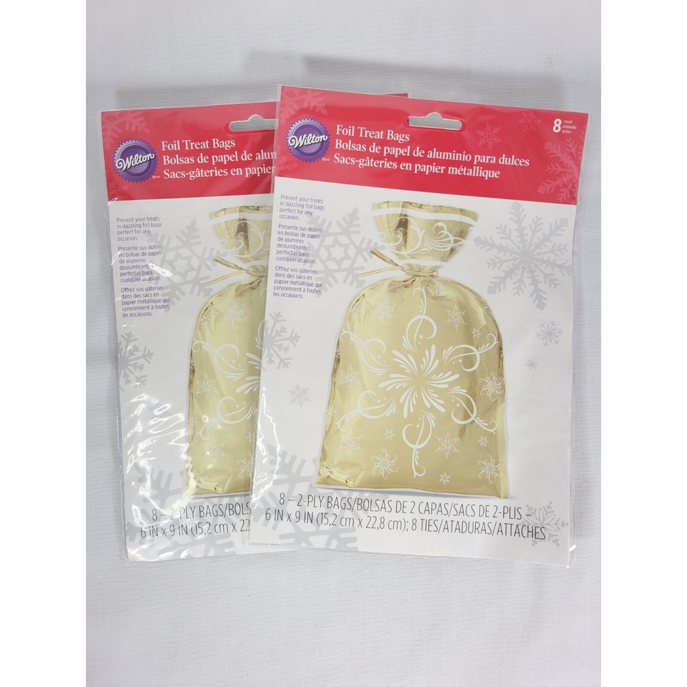 Lot of 2 packs Christmas Gold Foil Treat Bags 8ct Wilton NEW 16 total with ties